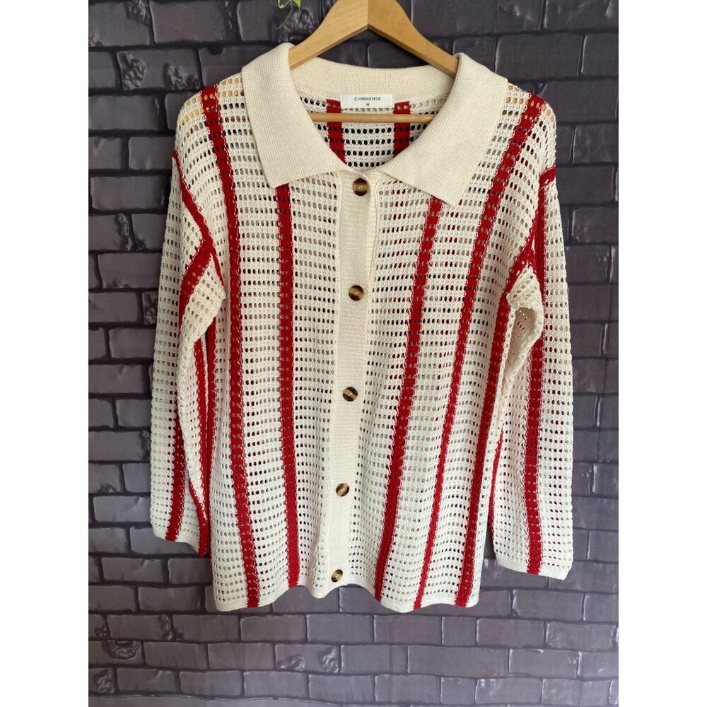 Commense Red and Cream Striped Crochet Polo Collared Button Cardigan M - Picture 2 of 4